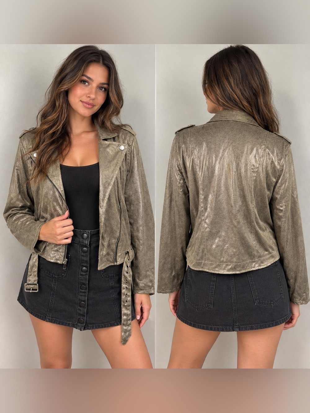 Yellow Women Metallic Moto Jacket
Size L Distressed Biker Indie Sleaze